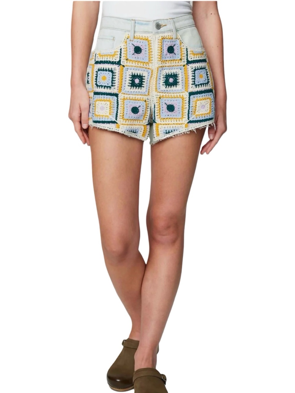 NWTs BLANK NYC WOMENS' DENIM CROCHET DETAIL SHORTS - MILES AWAY IN MULTI - Sz 28